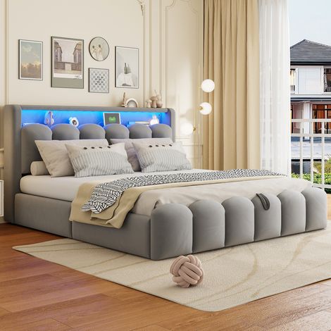 Canapé-lit 180 x 200 cm multifonction en tissu gris avec LED, prises et grand rangement (1/5)