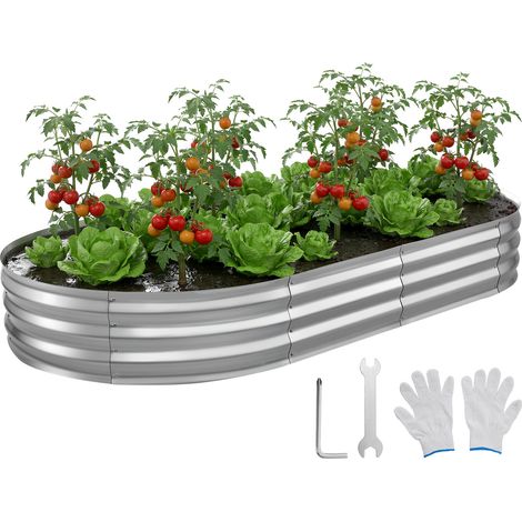 VEVOR Cama Elevada de Jardín 240 x 120 x 30 cm Ovalada, Arriate de Jardín de Metal con Fondo Abierto, para Cultivo de Flores Plantas Verduras con Accesorios para Patio, Balcón, Terraza, Plateado (1/5)