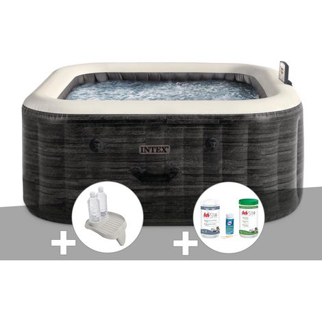 Kit spa gonflable Intex PureSpa Ardoise carré Bulles 4 places + Porte-verre + Kit de traitement brome