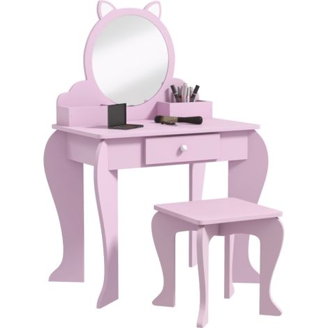 Pink Kids Vanity Table with Mirror and Stool,Cat Design Storage Table for Ages 3-6,Includes Drawers and Boxes for Toys and Accessories