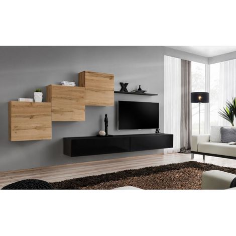 Ensemble mural - Switch X - 3 vitrines carrées - 2 bancs TV - 1 étagère - Bois et noir - Modèle 1 - Livraison gratuite