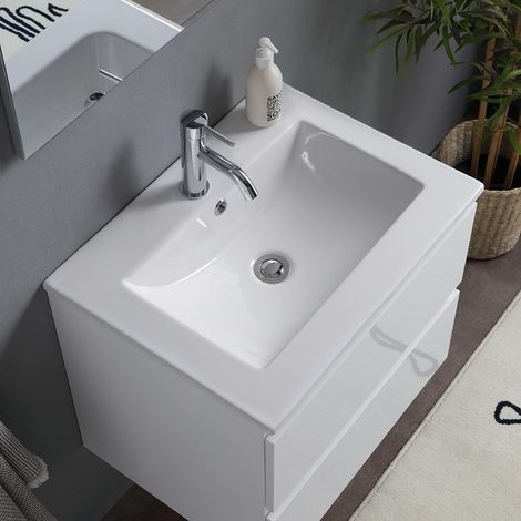 Kiamami Valentina – Meuble de salle de bain suspendu 60cm – Lavabo en céramique – 2 tiroirs avec fermeture ralentie – Finition blanc brillant — vue 3