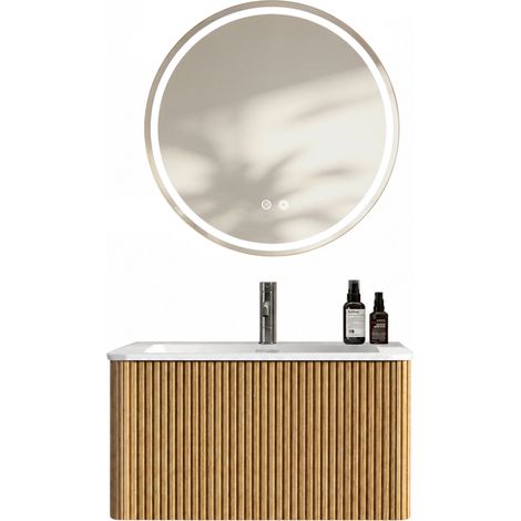 Badmöbel-Set mit Spiegel 80 cm Waschbeckenunterschrank wandhängend Eichenfarbe mit LED-Spiegel (1/2)