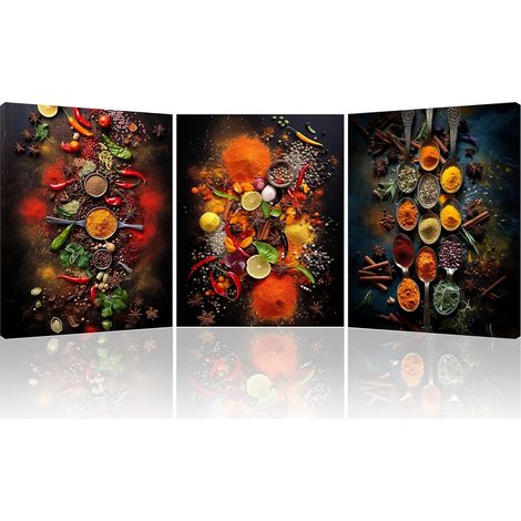 Tableau sur Toile Épice et cuillèr, Impression sur Toile Spice and Spoon, Décoration Murale Moderne, Tableau de cuisine pour Salle à manger 3 pièces, 30x40cm, Cadre en Bois Intégré (1/5)