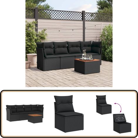 Salon de jardin 5 pcs avec coussins noir résine tressée - Ensemble Salon De Jardin - Mobilier De Jardin - Canapé Extérieur - Table Basse Jardin - Chaise Lounge