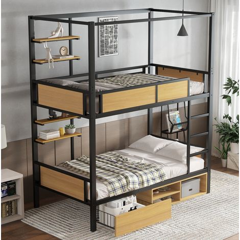 Lit superposé moderne 90x200 cm en métal et MDF noir naturel avec étagères latérales, tiroirs et rangement sous lit (1/5)