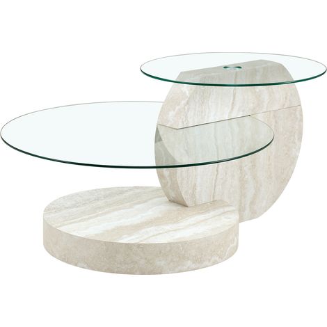 Table basse moderne minimaliste à deux niveaux en verre de sécurité, design multicouche, avec structure porteuse en MDF de haute qualité à aspect veiné noyer. Plusieurs coloris disponibles. (1/5)