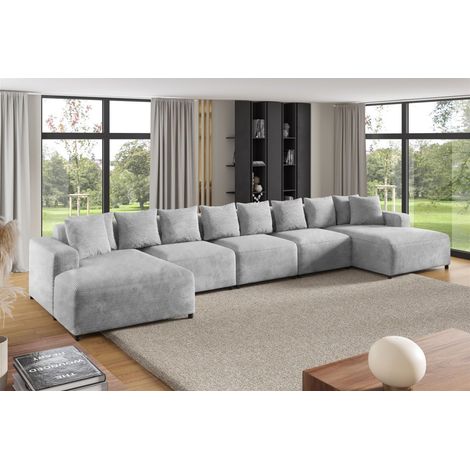 Wohnlandschaft Sofa U-Form Designersofa MEGAN XL in Stoff Poso Hellgrau (1/2)