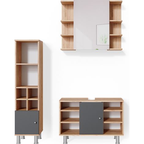 Badmöbel-Set Fynn, Goldkraft Eiche, 3 Teile, mit Midischrank Tür klein, Vicco