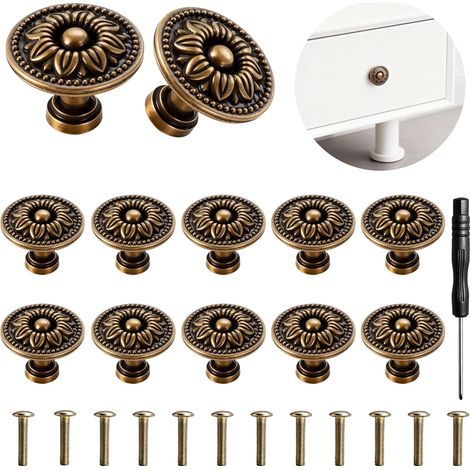 12 Piece Bouton de Meuble Vintage,30MM Rond Poignée,Motif de Fleurs Boutons,avec Vis et Tournevis,Stables et Faciles,Couleur Bronze Antique,pour Armoires et Tiroirs (1/5)