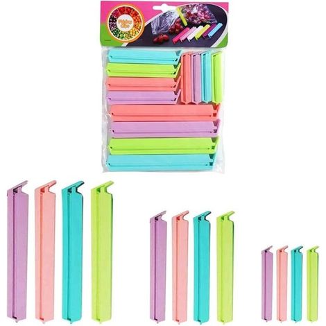 12 Clips de Fermeture Alimentaires en Plastique Étanches – Pour Sachets, Snacks, Cuisine – 4 Couleurs Assorties