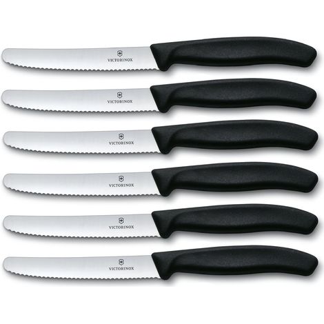 Victorinox, Swiss Classic, set di coltelli da cucina seghettati per pomodori da 6 pezzi, lama da 11 cm, lavabili in lavastoviglie, colore nero