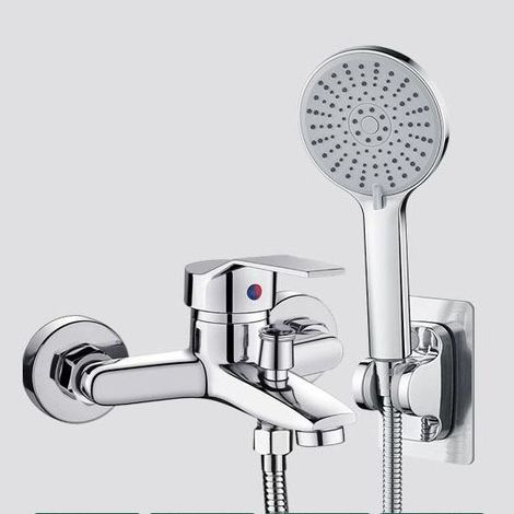 Badarmatur, Dusch-/Badarmatur mit flexiblem Schlauch, 3-Strahl-Handbrause, silber (1/5)