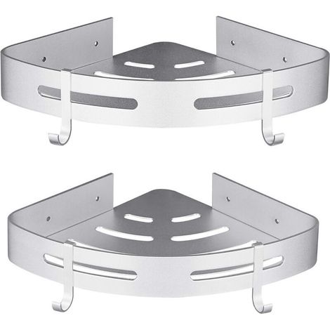 Scaffale da doccia ad angolo senza foratura, accessorio per bagno in alluminio, set da 2, argento con ganci (1/5)