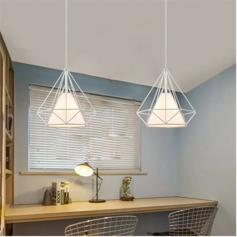 2PCS Lustre Suspension en Cage Diamant Suspension Luminaire Industrielle pour Salon Chambre Cuisine Blanc (1/4)