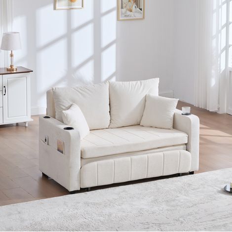Sofá cama con bolsillos laterales chenilla beige OKMYHOME (1/5)