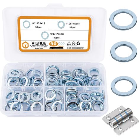 Lot de 90 rondelles de porte en acier galvanisé Assortiment de Ø 10,2/11,2/12,2 mm dans une boîte de rangement (1/5)