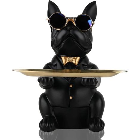 Statue Bouledogue en Résine avec Plateau de Rangement, Tirelire, Clés, Bonbons, Décoration Intérieure Noire (1/5)