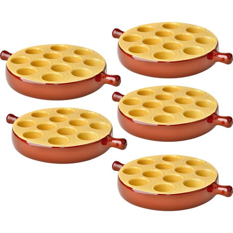 Lot de 5 poêlons à escargots 12 Trous en porcelaine plat cuisson pour escargots avec poignée ,passe au four et lave-vaisselle - 18 x 3,2 cm