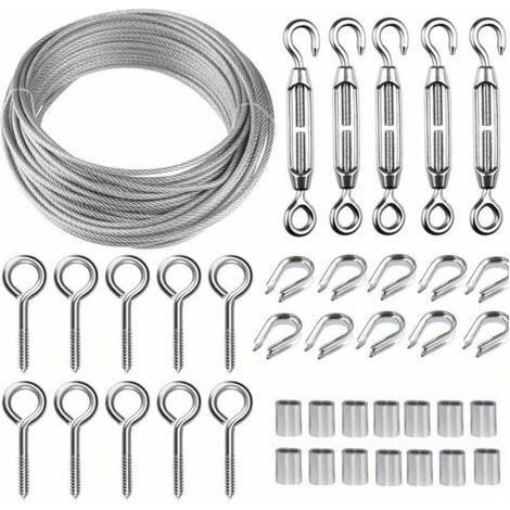 Kit de câble en acier inoxydable de 50 m/2 mm avec tendeur de câble robuste M5, kit de câble pour clôture, kit de garde-corps en câble, tendeurs de câble pour jardin (1/5)