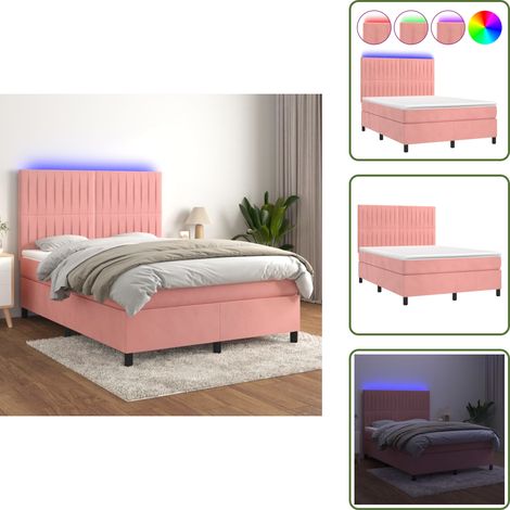 The Living Store Boxspringbett mit Matratze & LED Rosa 140x200 cm Samt - Matratze
