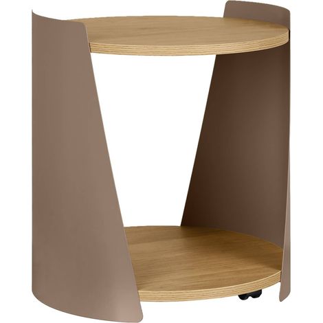 Curved metal side table with wood decor and casters, brown 40x39.5x47.5 cm - Molto