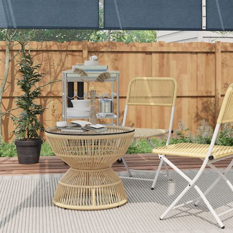 Table basse ronde en rotin Ø60 cm, meuble de jardin bohème avec dessus en verre trempé, table d'appoint en bois naturel