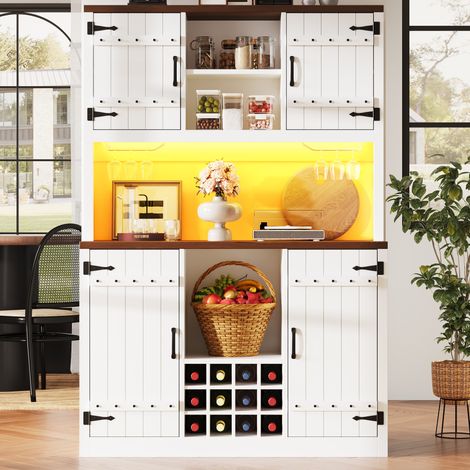 Aparador alto 120x40x180 cm con LED RGB, estantes regulables y botellero, MDF blanco para salón (1/5)