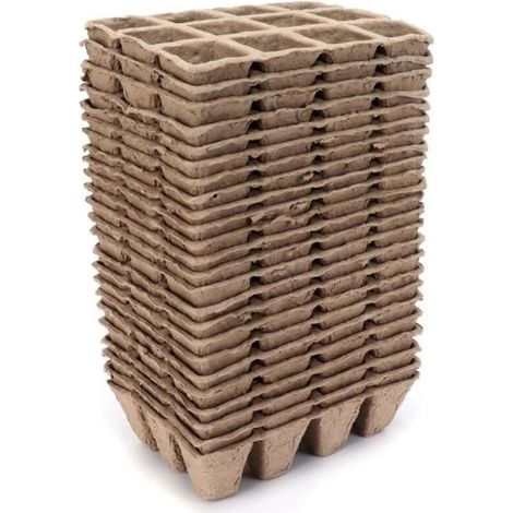 Pots de semis rectangulaires - Lot de 24 - Pâte à papier recyclée - Marron (1/4)
