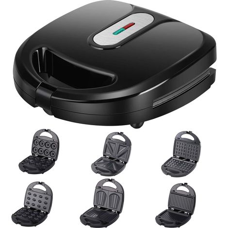 Mini máquina para hacer donas 6 en 1, parrilla con calentamiento por ambos lados, sartén antiadherente, 6 moldes para hornear e indicadores luminosos, tostadora de sándwiches de 750 W para uso domésti (1/5)