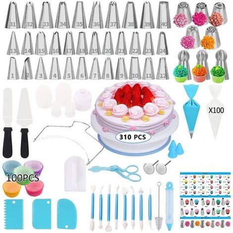 Kit de repostería de 310 piezas con plato giratorio para pasteles, herramientas y utensilios para decorar, glaseado, decoración, mangas pasteleras y boquillas.