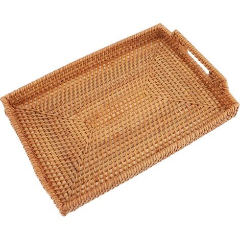 Plateau de service rectangulaire en rotin tressé à la main avec poignées, idéal pour le petit-déjeuner, les boissons, les en-cas et les repas sur une table basse.