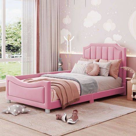 Lit enfant rembourré - SOGEU - 90x200 - Flanelle rose - Canapé‑lit 2-en-1 - Structure bois/métal 12 lattes (1/5)