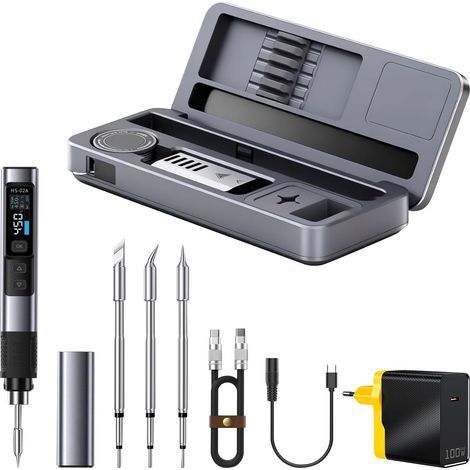 HS-02A Kit de fer à souder portable 100 W, mini-fer à souder numérique intelligent fer à souder DC/PD pour réparations électroniques chauffage rapide de 100 à 450 °C (3 pointes de fer à souder) (1/5)