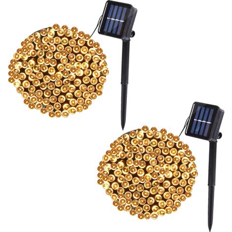Lot de 2 guirlandes lumineuses solaires d'extérieur, 12 m (39,4 pi), 100 LED, 8 modes d'éclairage, pour décoration intérieure/extérieure (jardin, terrasse, cour, Noël, mariage, etc.) (blanc chaud)