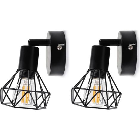 Lot de 2 appliques murales d'intérieur E14 vintage en métal industriel - Lampe de chevet pour couloir, entrée, chambre à coucher, salon (sans ampoule) (1/5)