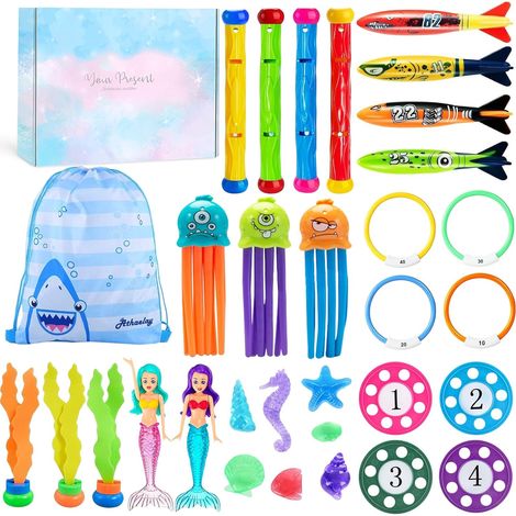 33 Piece Diving Toys, Swimming Toy for Swimming Pool with Gift Box, Children's Pool Games with Storage Bag, Summer Underwater Toy with Diving Poles (1/5)