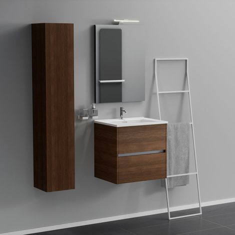 Inda - Badezimmerschrank 2 Schubladen L.60 mit Waschbecken, Spiegel und Lampe - Braune Eiche