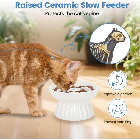 White Flower Shaped Raised Slow Feeder Cat Bowl, 8.5cm Height Comfort Dining Bowl