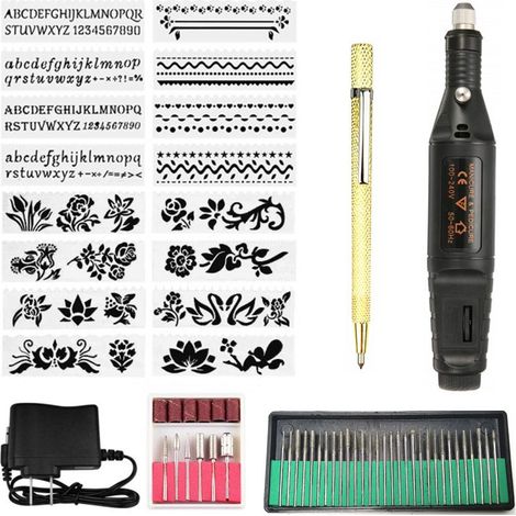 Trousse à Outils de Gravure de 60 Pièces, Stylo Graveur Électrique sur Metal, Gravure Bois Electricité avec Scribe,Pochoirs, Outil Graver Bricolage pour Bijoux Verre, Métal (1/5)