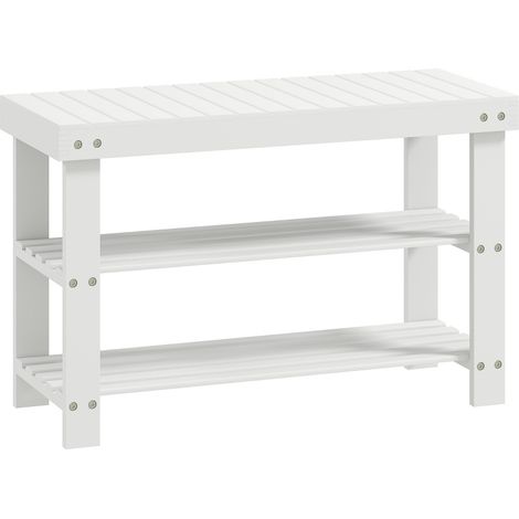 Bambus-Schuhbank mit 2 Ablagen und Stauraum im Sitz, 70 x 28 x 45 cm, weiß, HOMVRA (1/5)