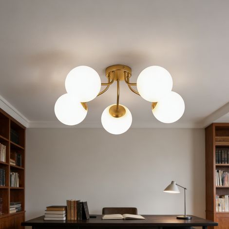 Plafonnier LED doré, lumière blanche, E27, éclairage décoratif, lustre en verre, convient pour la salle à manger et le salon. (1/5)