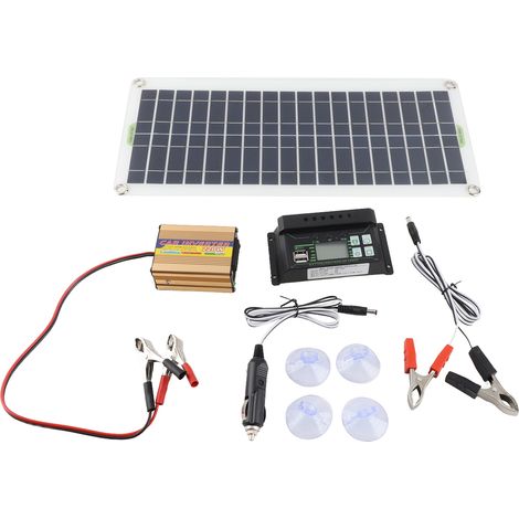 Kit Panneau Solaire 30W avec Chargeur Contrôleur 30A Double Prise USB Onduleur 220W pour Extérieur IP65