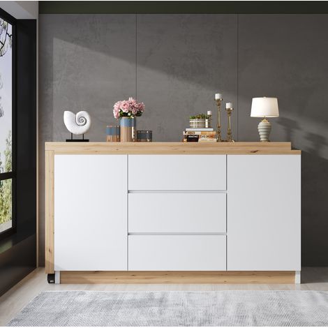 Bureau pliable 120x50x76.5 cm blanc et chêne en panneaux de particules avec plateau pivotant et roulettes freinées