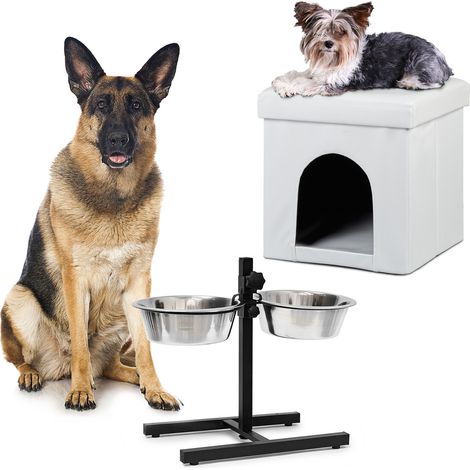 set de 2 piezas Home Sweet Hund Deluxe XL, casa para perros blanca, taburete con cueva, comedero doble (1/5)
