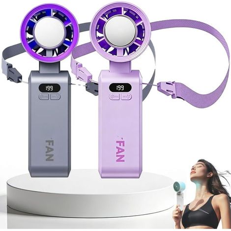 2 Ventilateurs Portables Turbo, Refroidissement Rapide, Ventilateur Main et Tour de Cou Rechargeable 199 Vitesses(Violet et gris) (1/5)
