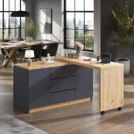 Escritorio plegable con ruedas bloqueables, tablero giratorio 360°, gris y roble HAVRYA (1/5)