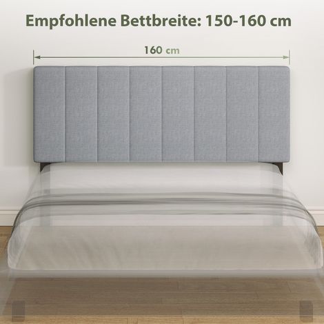 Tête de lit ajustable en hauteur (3 niveaux), piètement métallique, effet lin, 160 x 10 x 106/116/126 cm, gris (1/4)