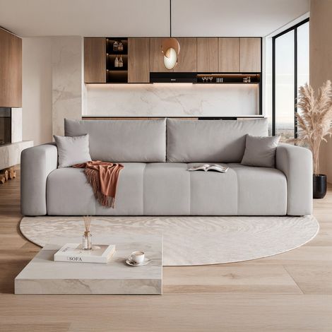 Canape Convertible PEDRO - 3 places - Coffre de rangement - Tissu Velours - Gris clair (1/5)