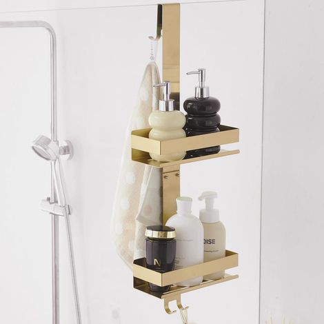 Panier de douche doré à suspendre, organiseur de douche à suspendre sur porte de salle de bain avec support à 2 niveaux et crochets, peut contenir du gel douche, du shampooing, du savon, du (1/5)
